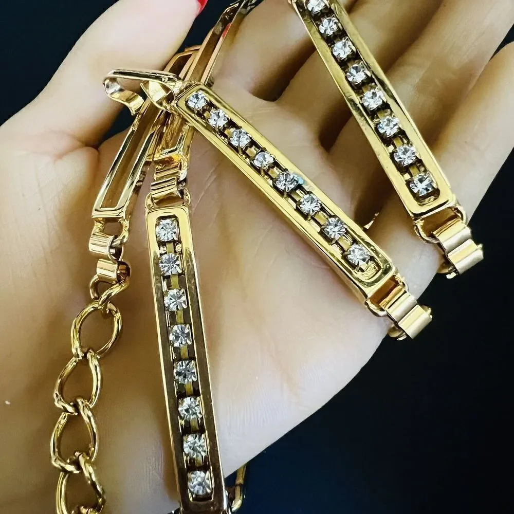 Vintage Italy Gold Plated Rhinestone Geometric Chain Belt Rectangle Links 4182